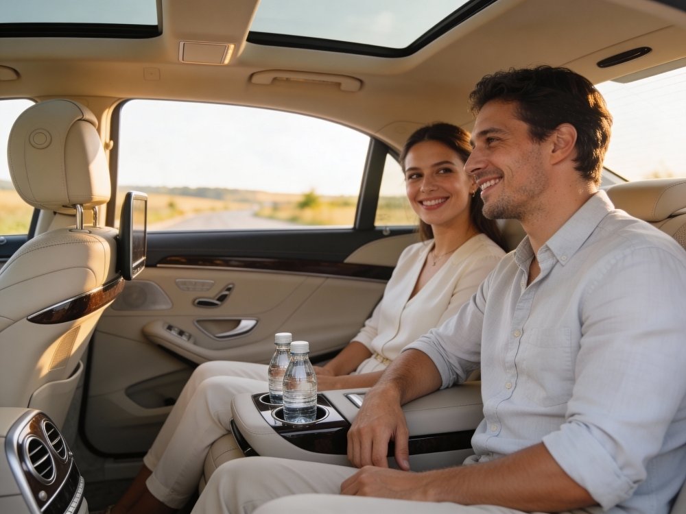 des clients souriants qui parlent entre eux en étant conduit par un chauffeur privé à Marseille