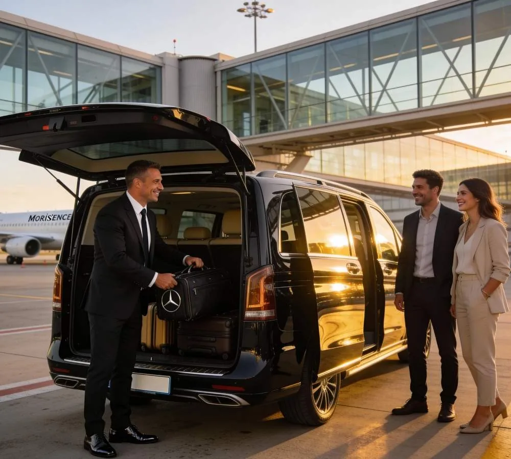 Chauffeur Privé Marseille : Transferts vers Gares et Aéroports 3 chauffeur privé à l'aéroport de Marseille qui range des bagages dans son van