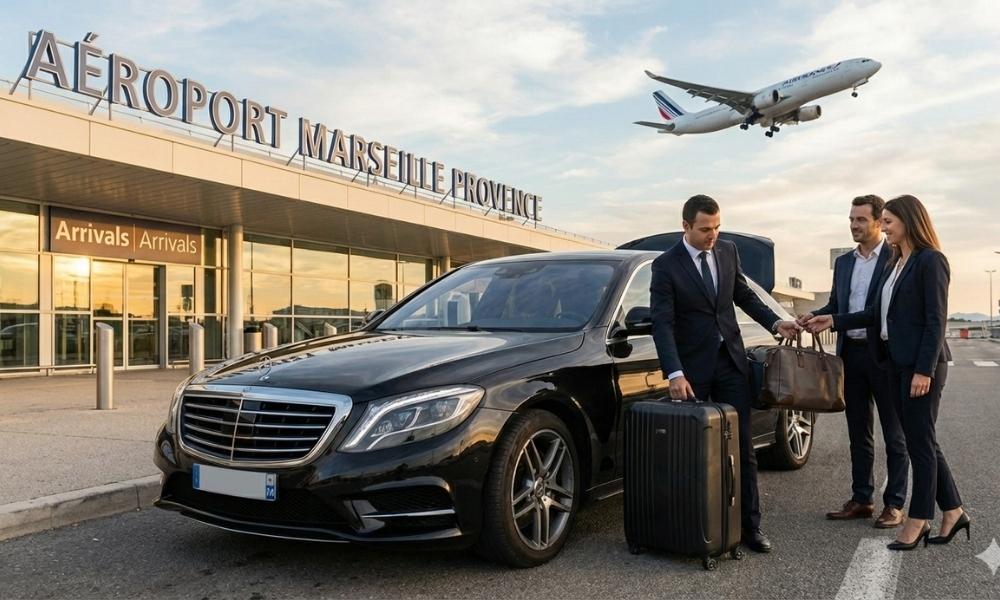 un chauffeur privé avec des clients sur le parvis de l'aéroport de Marseille