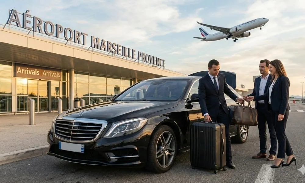 Chauffeur Privé Marseille 3 un chauffeur privé avec des clients sur le parvis de l'aéroport de Marseille