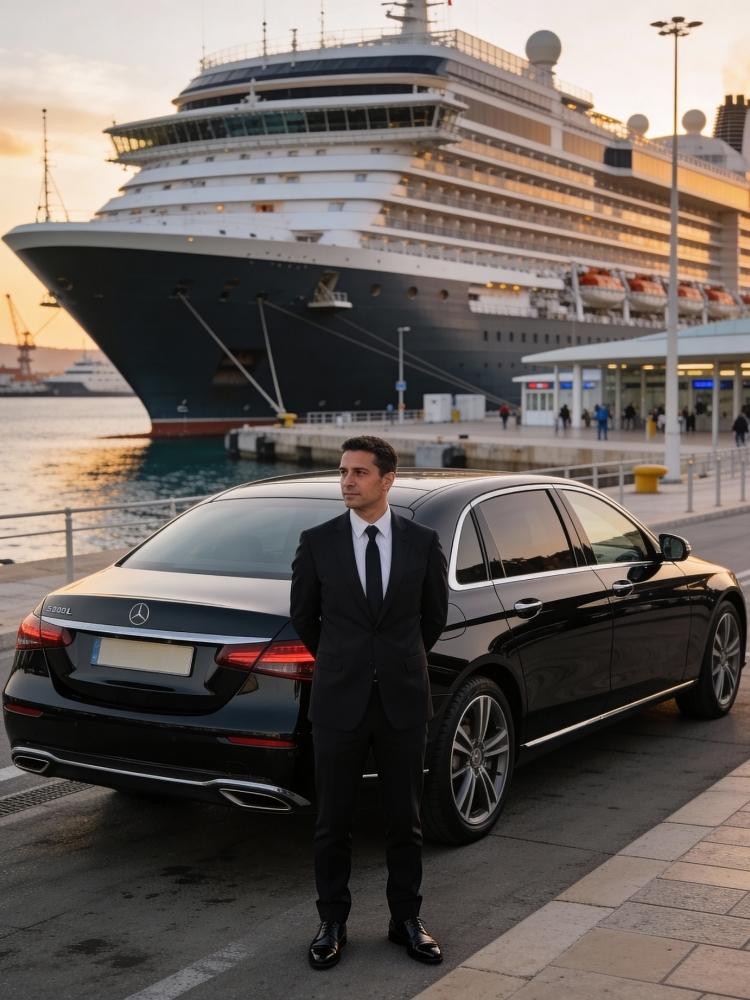 un chauffeur privé attend ses client au port de croisière de Marseille dvant un immense bateau