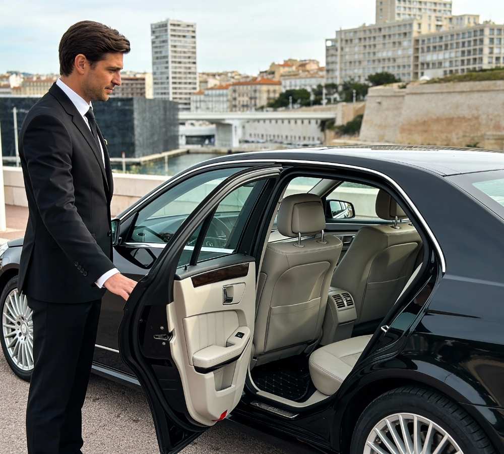 un chauffeur privé en costume et cravate ouvrant la porte a son client à marseille près du vieux port