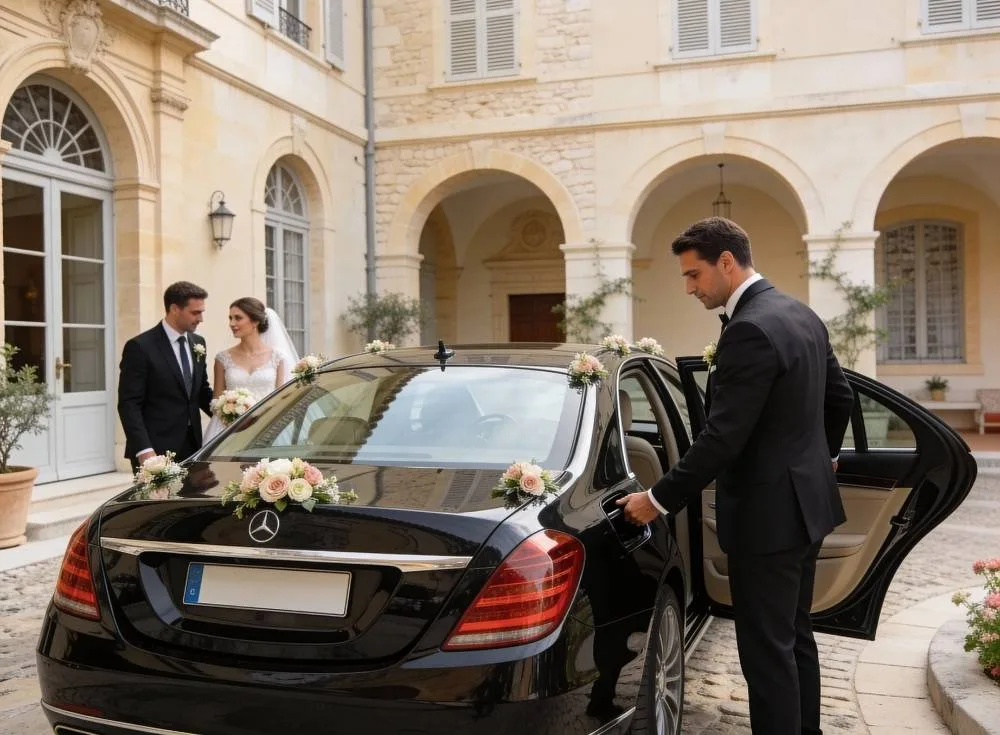 Chauffeur Privé Marseille 6 un luxueuse mercedes classe S décorée pour un mariage avec son chauffeur privé qui attend les mariée dans un mariage à Marseille