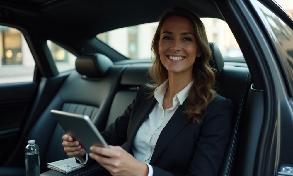 une cliente se faisant transporter dans une berline de luxe par un chauffeur privé à Marseille pendant une mise à disposition et un circuit touristique