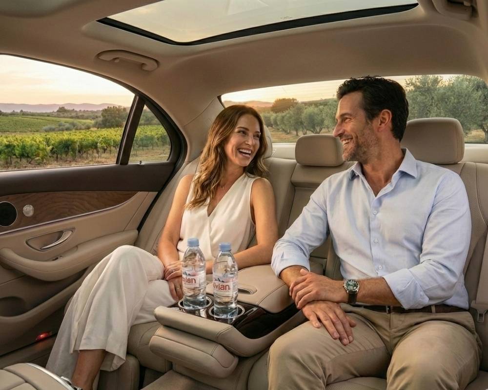 un couple détendu et souriant à l'arrière d'une berline de luxe conduit par un chauffeur privé à Marseille
