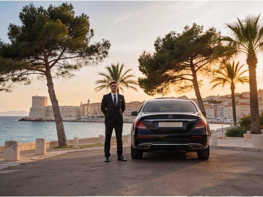 chauffeur privé attendant ses clients à coté de son véhicule à coté d'une plage paradisiaque à Marseille