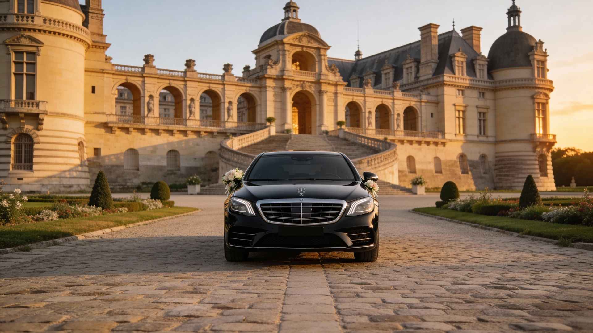 Chauffeur Privé pour mariage à Marseille 3 magnifique mercedes classe S devant un chateau transformé en reception de mariage