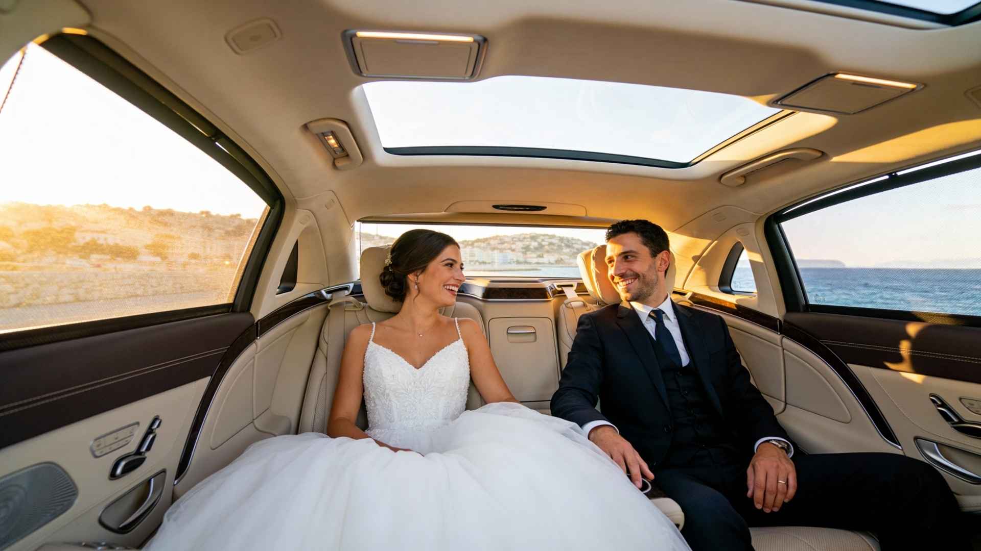Chauffeur Privé pour mariage à Marseille 1 un couple de mariés a l'arrière d'un magnifique mercedes classe S