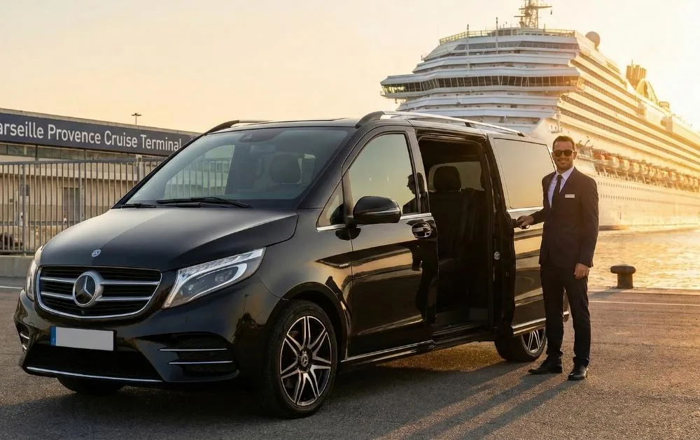 Chauffeur Privé Marseille 5 un chauffeur en dress code qui attend son client qui va débarquer de son bateau au port de croisiere de marseille