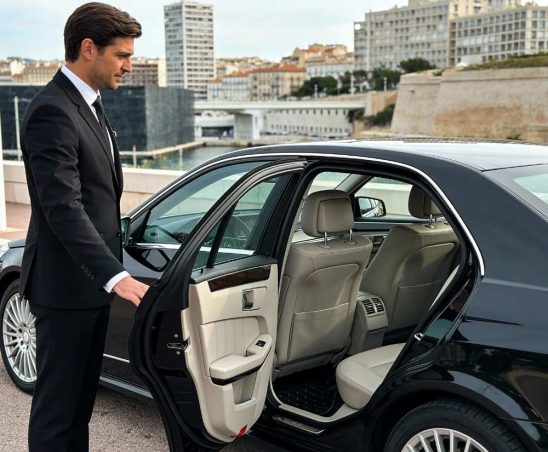 un chauffeur privé en costume et cravate ouvrant la porte a son client à marseille près du vieux port