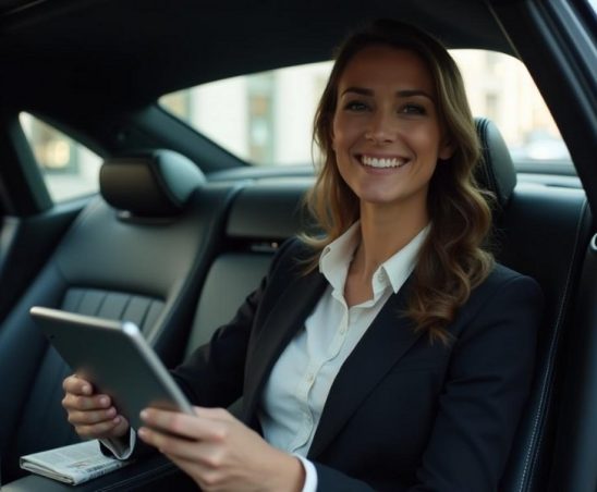 une cliente se faisant transporter dans une berline de luxe par un chauffeur privé à Marseille pendant une mise à disposition et un circuit touristique